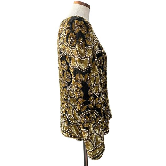 Vintage Handmade Silk Beaded Jacket M Gold India Wearable Art Collector Piece - Picture 14 of 16